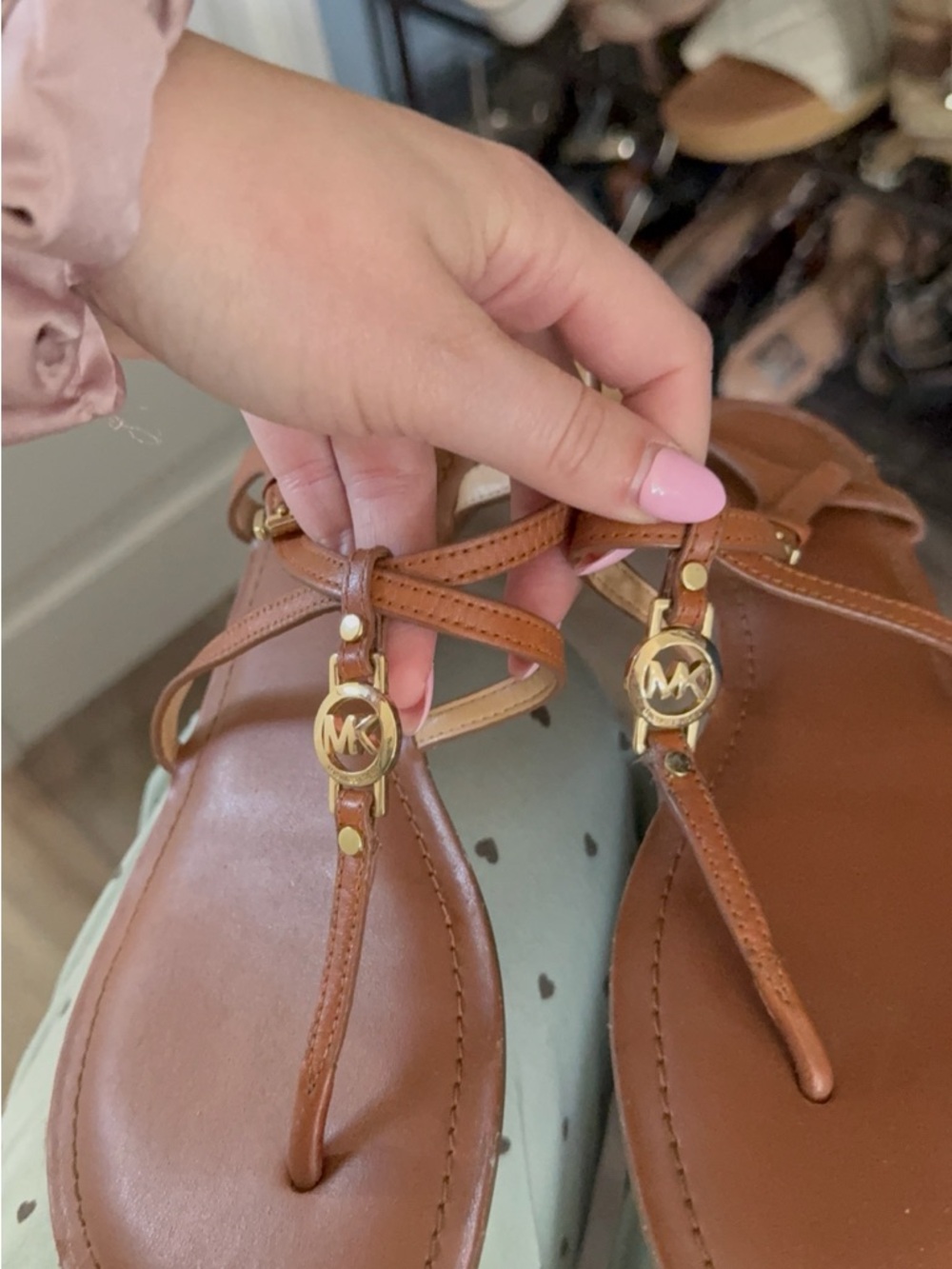 Michael Kors Cognac Leather T-Strap Sandals with Gold MK Medallions